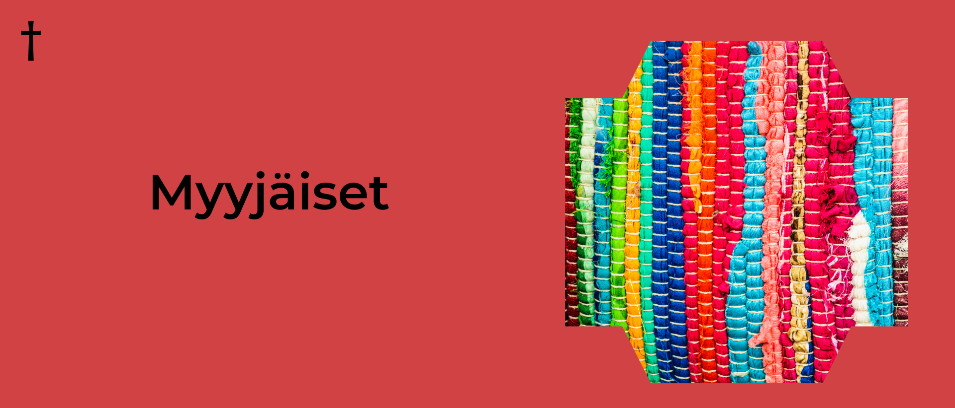 Punaisella taustalla vasemmalla musta teksti: Myyjäiset ja oikealla kuva kirjavasta räsymatosta.