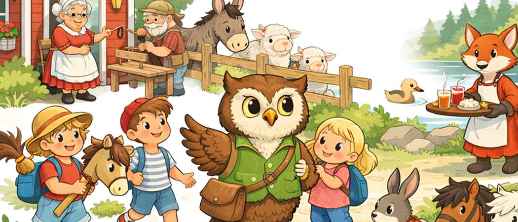 Piirretty kuva, jossa lapsia, el&auml;imi&auml;, mummo ja vaari. Tunnelma on iloinen.