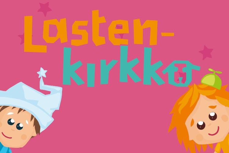 Teksti pinkillä pohjallla: lastenkirkko, poika- ja tyttöoletetun piirroskuvat