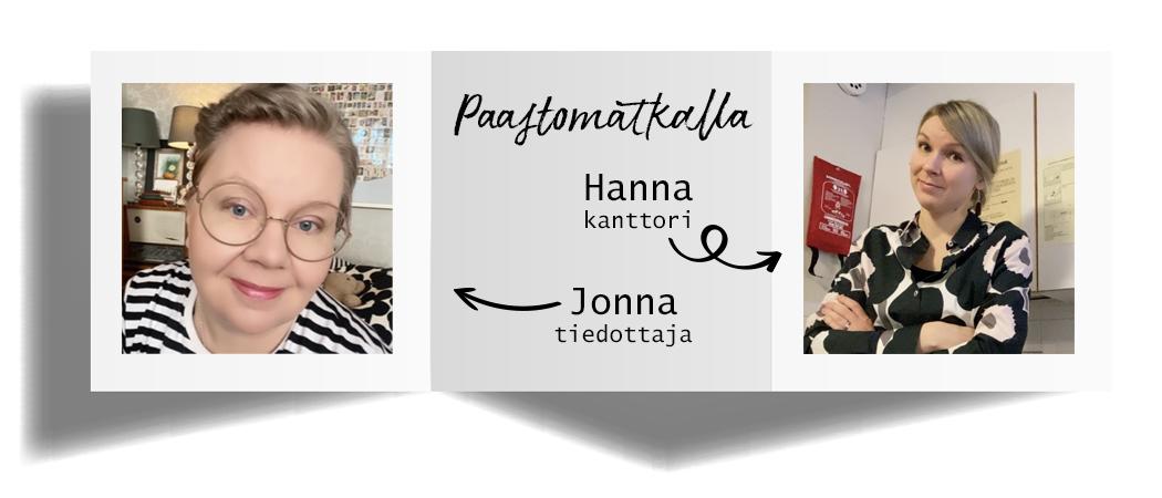 Taitettu paperi jonka yhdessä osassa kuva Jonnasta ja toisesta Hannasta, keskellä nimet ja nuolet jotka osoittavat kuviin.