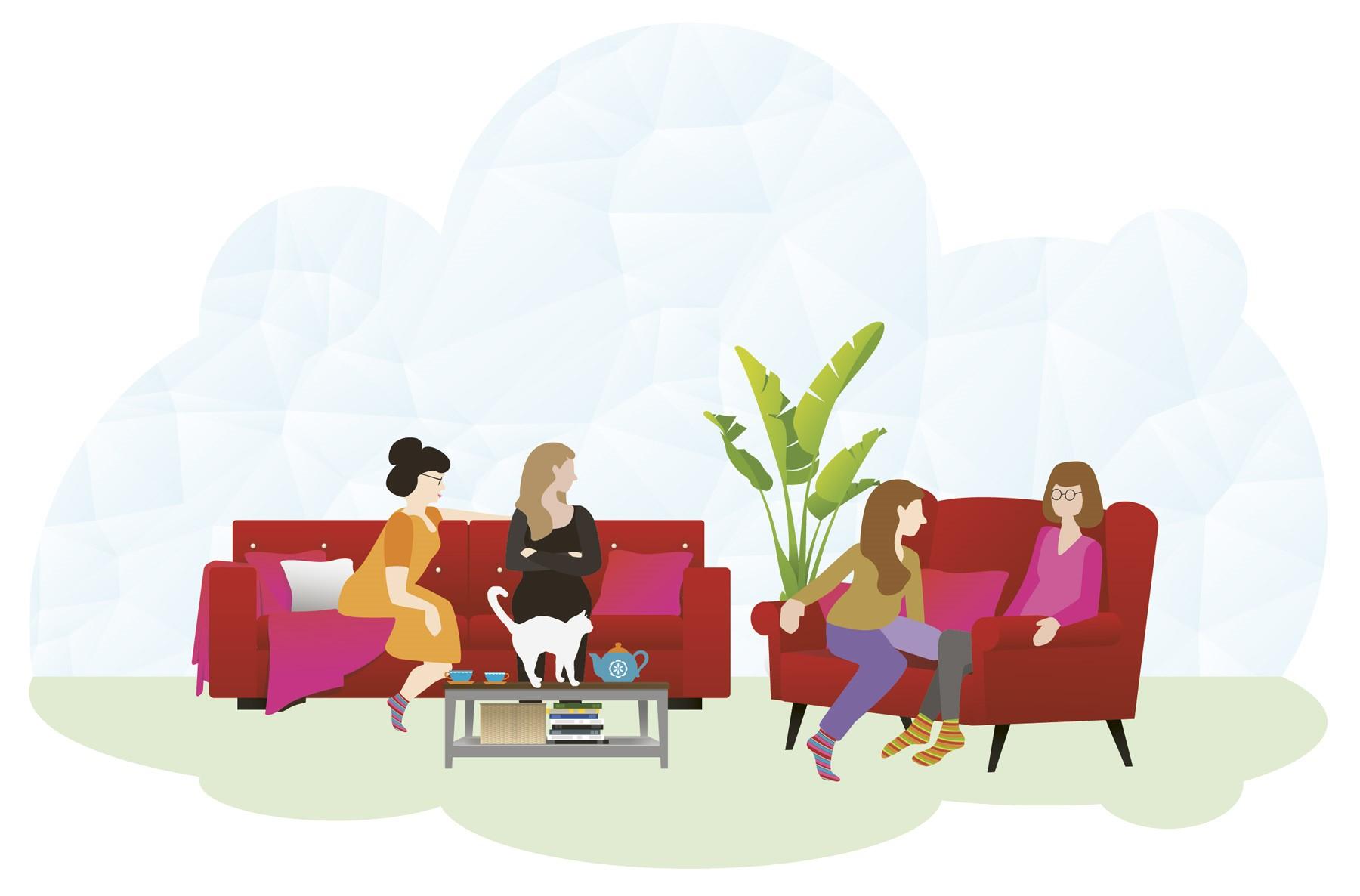 neljä naista istuu sohvilla keskustelemassa piirretyssä kuvituskuvassa
