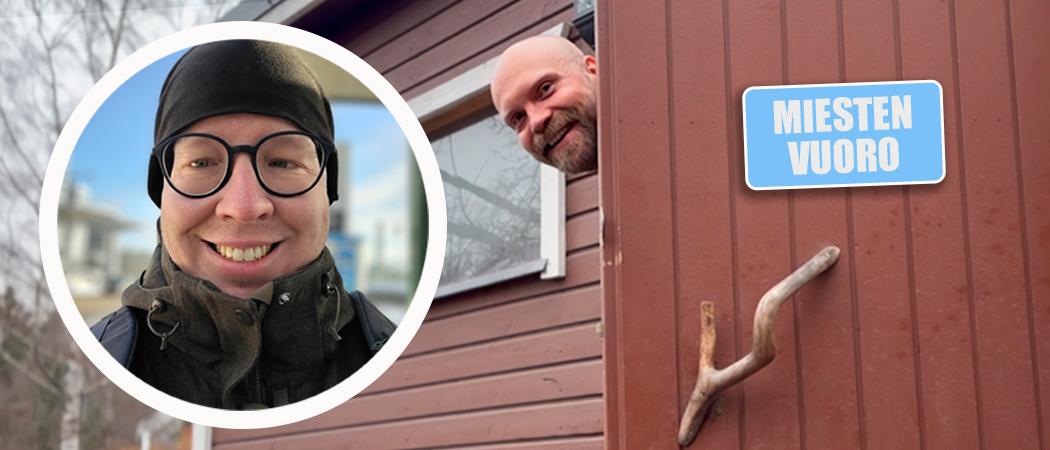 Pappi Antti Pesonen kurkistaa per&auml;k&auml;rrysaunasta, illan vieraan kasvokuva vasemmalla.