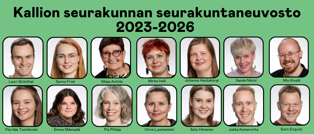 Kuvakollaasi jossa nelj&auml;toista kasvokuvaa Kallion seurakunnan seurakuntaneuvostosta ja otsikko Kallion seurakuntaneuvosto 2023-2026