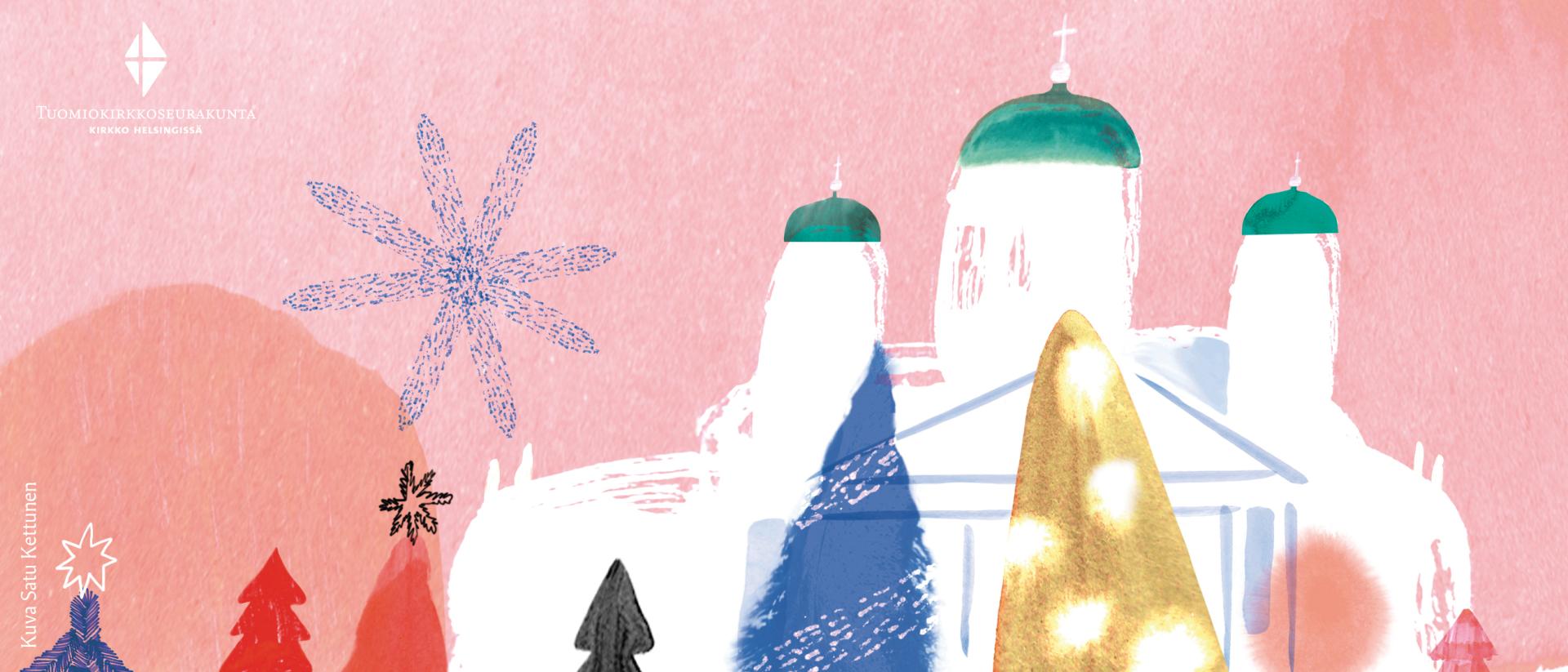 Kuvassa vaaleanpunaisella taustalla Helsingin tuomiokirkko sekä sen edustalla sinisiä, kultaisia ja punaisia joulukuusia.