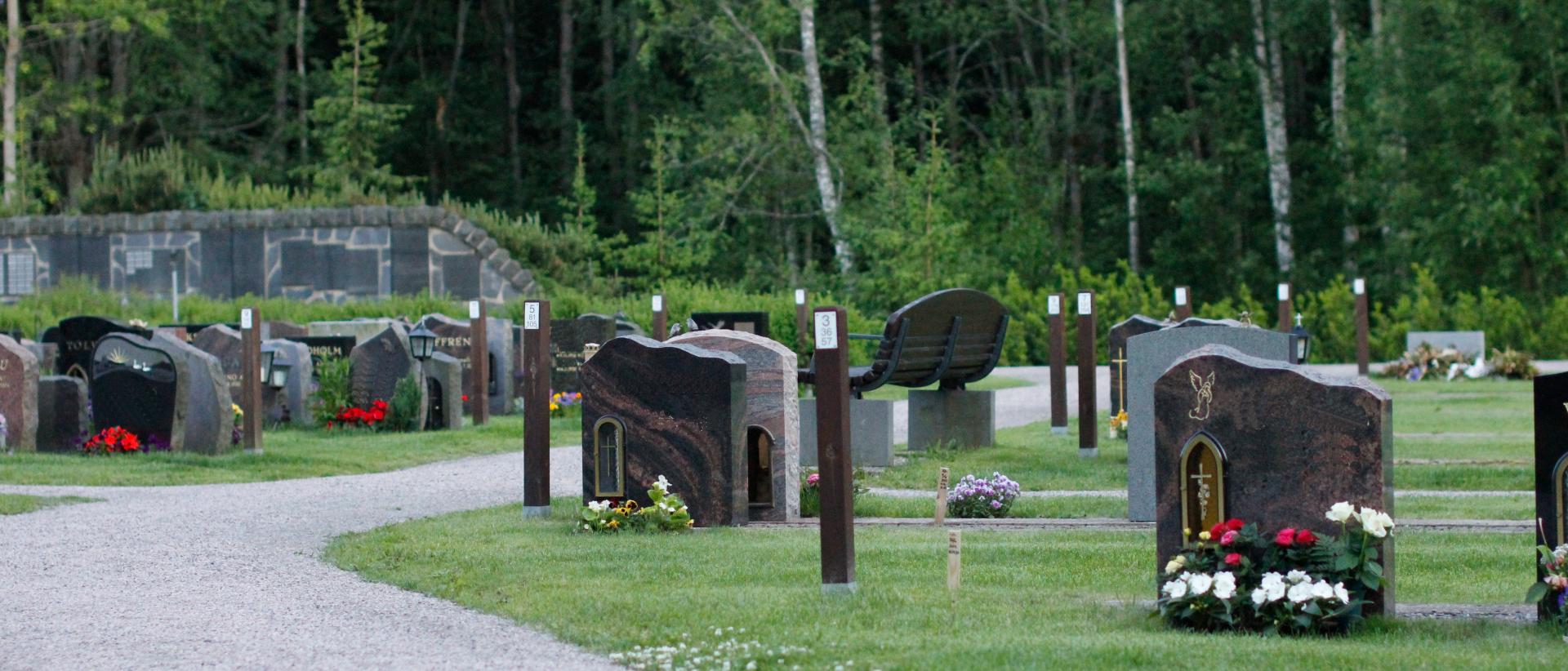 Uusi hautausmaan kortteli, jossa on vielä paljon tyhjiä hautapaikkoja. Hiekkatie kulkee korttelin läpi ja taustalla näkyy metsää sekä korttelin 10M muistomuuri.