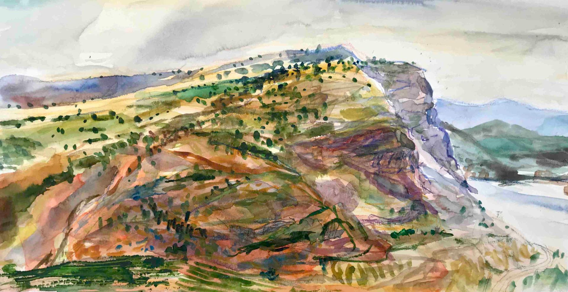 Maalaus, joka kuvaa värikästä kukkulanrinnettä Tiberiaan alueella.