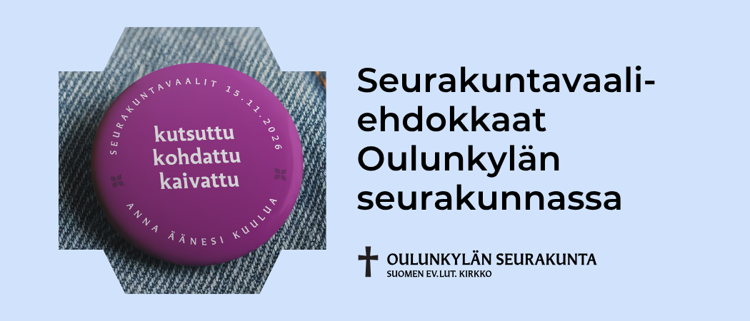 Kuvassa pinssi, jossa lukee Kutsuttu, kohdattu, kaivattu