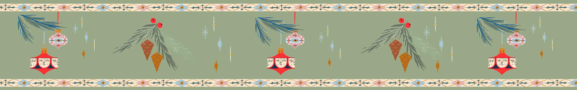 Piirrettyjä joulupalloja vihreällä taustalla