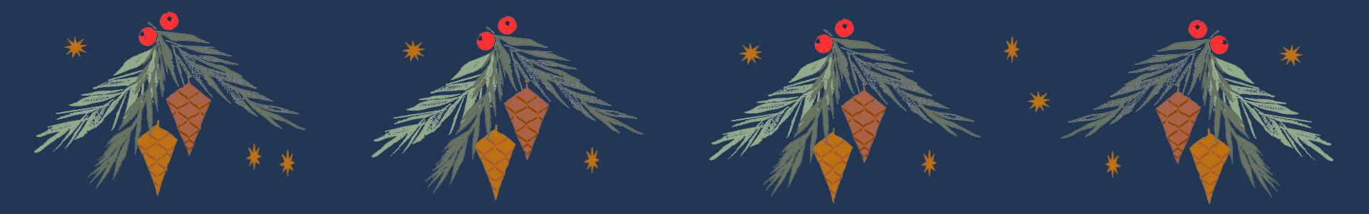 Piirretty kuva käpyjä, havuja ja tähtiä tummansinisellä taustalla