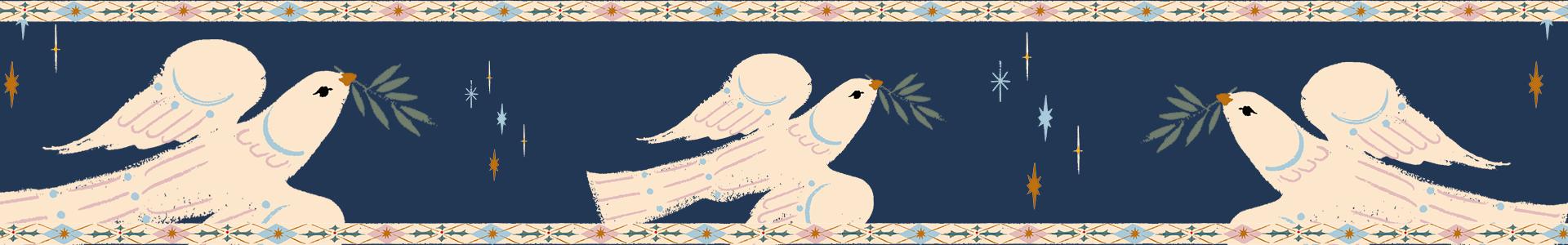 Piirretty kuva kyyhkysiä tummansinisellä taustalla