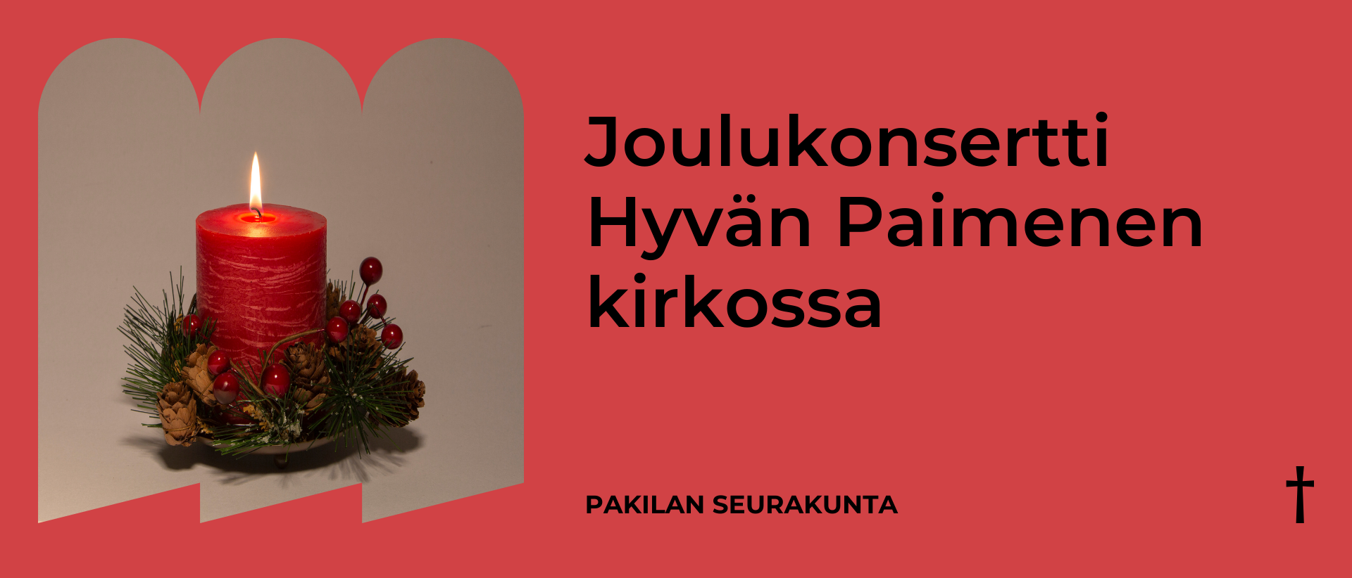 Punaisella taustalla vasemmalla kuva koristetusta joulukuusesta, oikealla musta teksti: Joulukonsertti