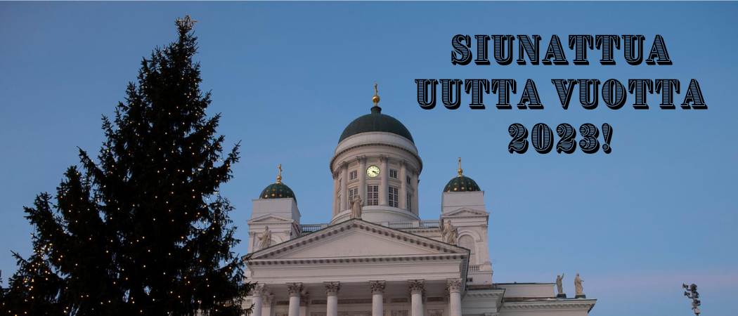 Tuomiokirkko ja teksti Siunattua uutta vuotta 2023.