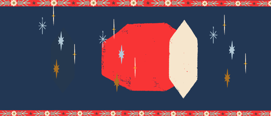 Piirrettyjä timantinmuotoisia kuvioita ja tähtikuvioita tummassa taustassa.