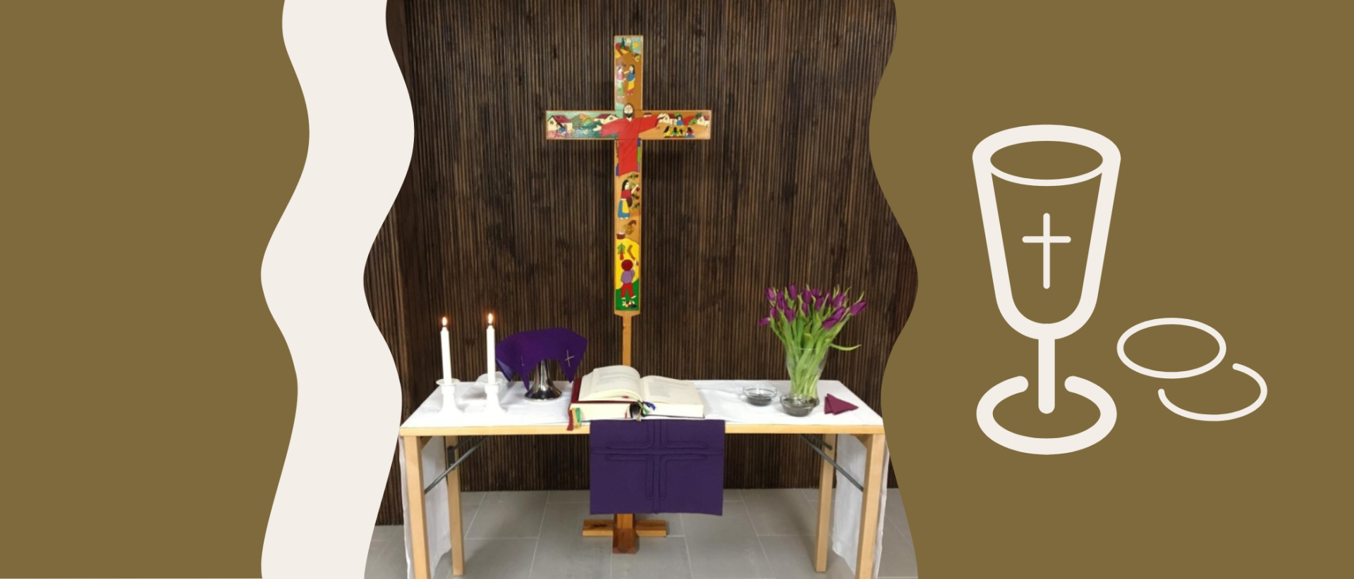 Hertsikan ristin alttari, kullanv&auml;riset aaltoreunat ja ehtoollispiktogrammi