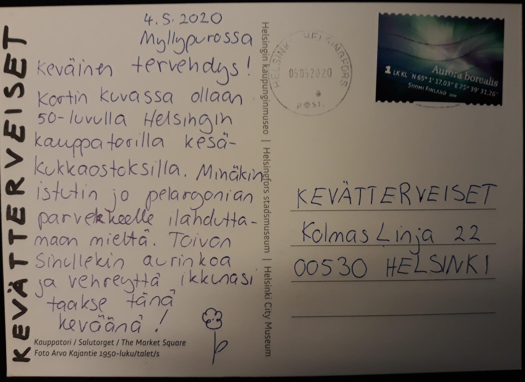 Käsinkirjoitettu postikortti