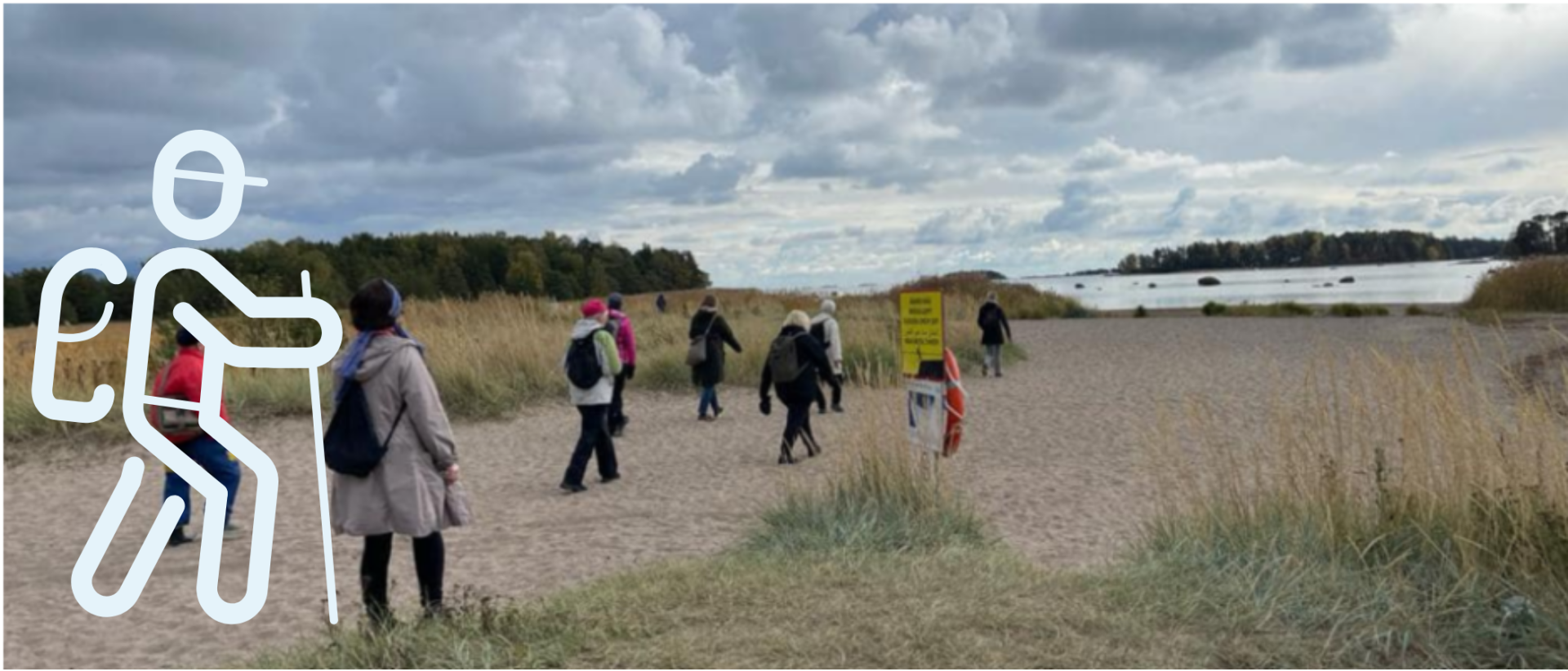 Ihmkisiä kulkemassa kohti rantaa Vuosaaressa. Pyhiinvaeltajapiktogrammi