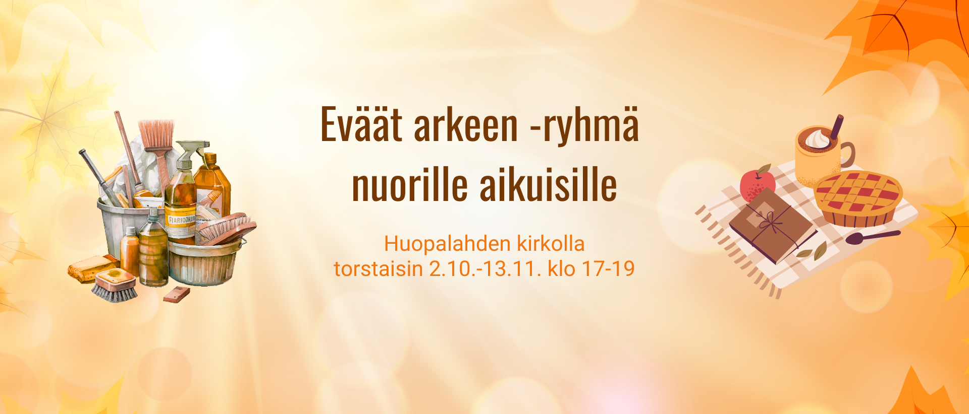 Kuvassa teksti Eväät arkeen, siivousvälineitä sekä piknikviltti eväineen.