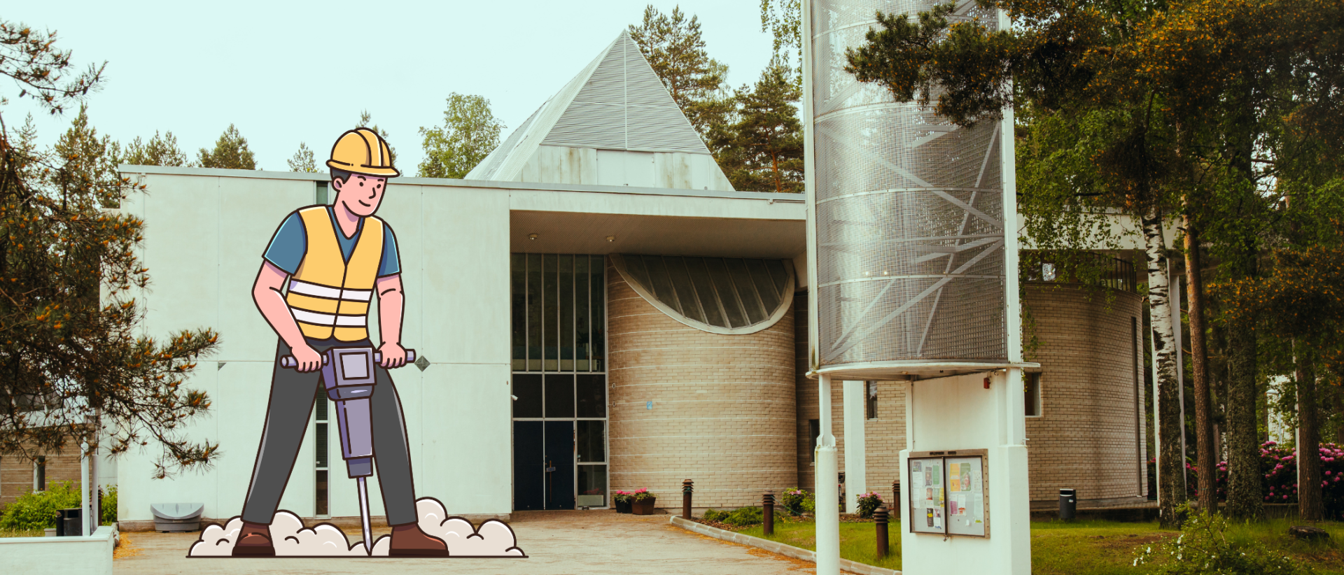 Myllypuron kirkko remonttiin -ulkokuva ja piirroskuva poraavasta miehest&auml;