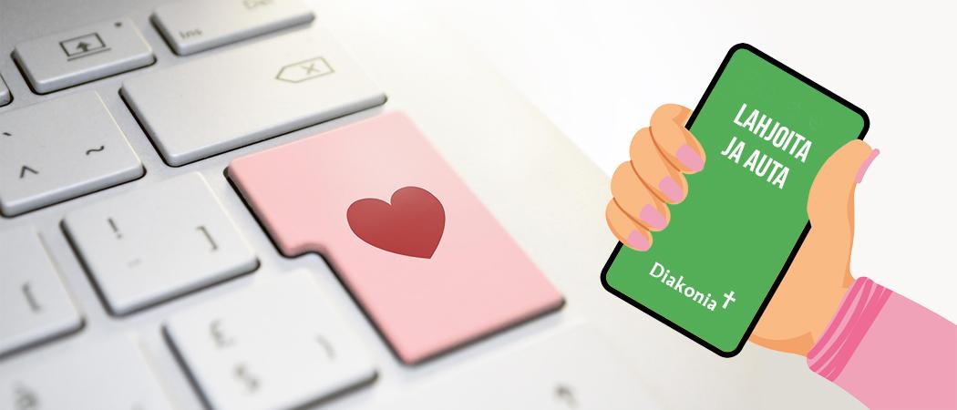 Tietokoneen näppäimistö, jossa enter näppäimessä on sydän. Lisäksi piirretty käsi pitelee matkapuhelinta, jossa vihreällä taustalla teksti 