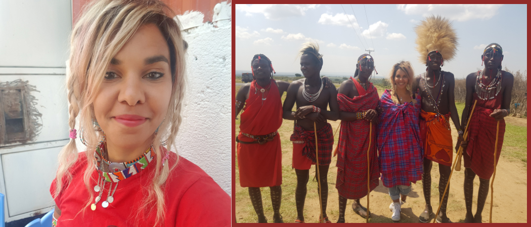 Laulaja-muusikko Sara Syd&auml;n ja perinteisiin asuihin pukeutuneet viisi masaita.