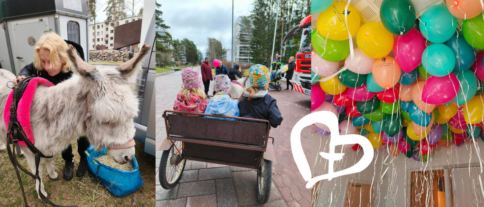 Vappurieha Myllypuron kirkolla. Kuvkollaasi aasikärryillä ajelevista tytöistä, aasiasta hoitajineen ja ilmapalloista. Yhteisvastuulogo