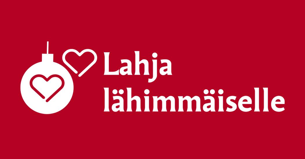 Punaisella taustalla Lahja lähimmäiselle logo, jossa joulupallo, sydän ja teksti lahja lähimmäiselle.