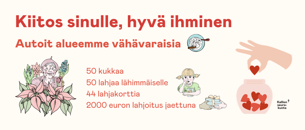 Piirroskuvissa mummo ja kukat, lapso, puurolautanen, antava käsi