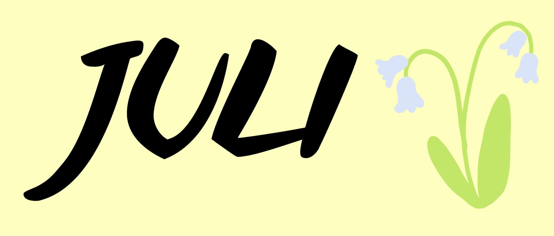 texten Juli på gul bakgrund och en blomma bredvid