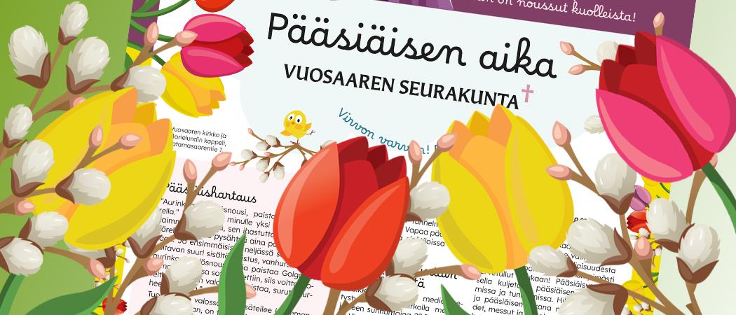 Piirretty kuva jossa tulppaaneja, pajunkissoja ja seurakunnan p&auml;&auml;si&auml;isliite.