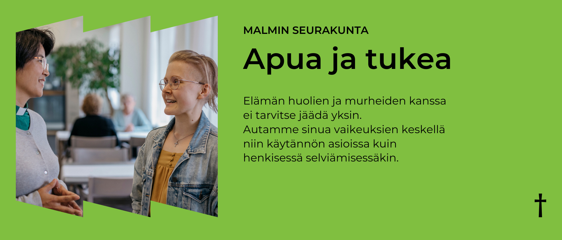 Vihreällä pohjalla kuva diakoniatyöntekijästä ja nuoresta henkilöstä teksti apua ja tukea