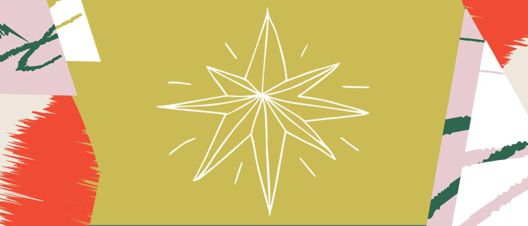 Keltaisella taustalla piirrettyjä koristekuvioita ja iso valkoinen tähti.