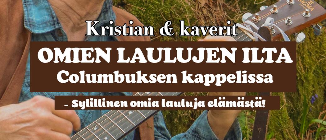 Kitara miehen k&auml;dess&auml;, teksti: Kristian & kaverit, omien laulujen ilta Columbuksen katukappelissa. Sylillinen omia lauluja el&auml;m&auml;st&auml;!