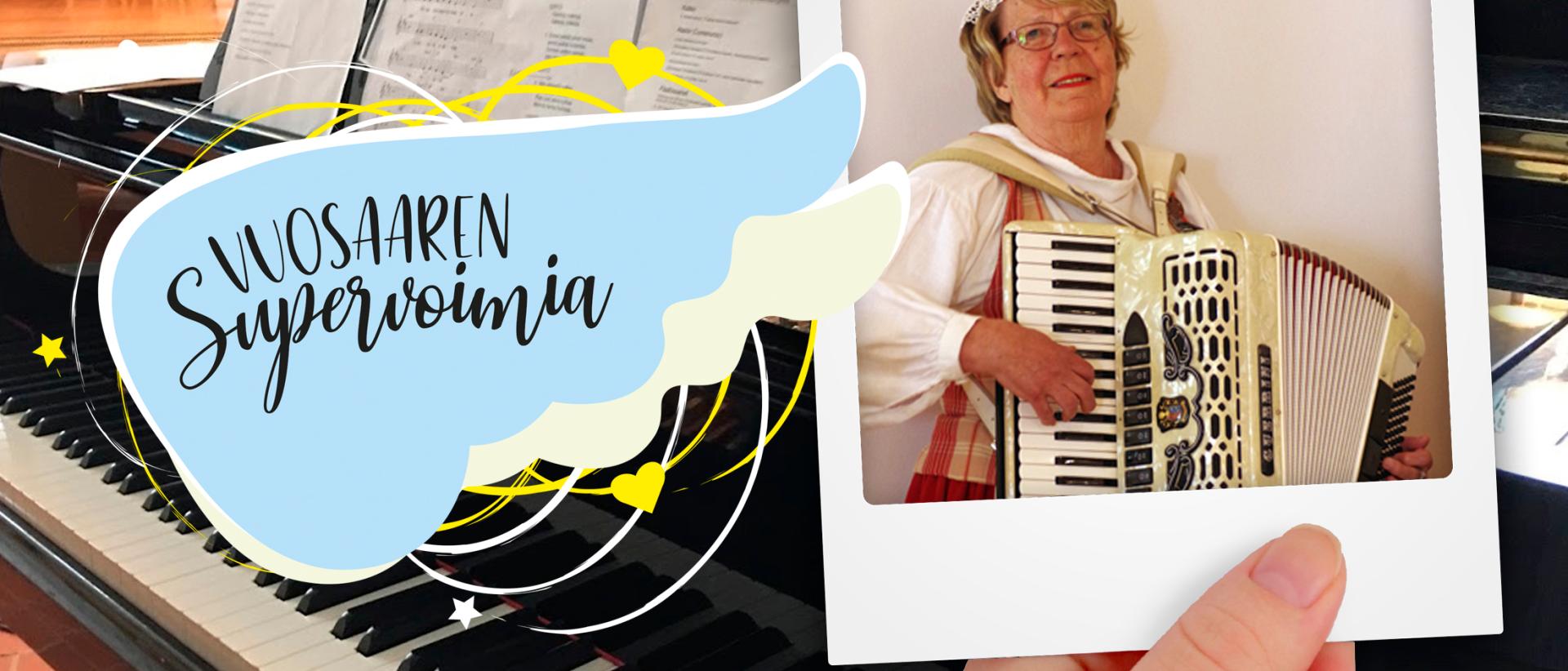 Polaroid kuvassa haitaria soittava Anja, taustalla piano, etualalla Vuosaaren supervoimia logo.