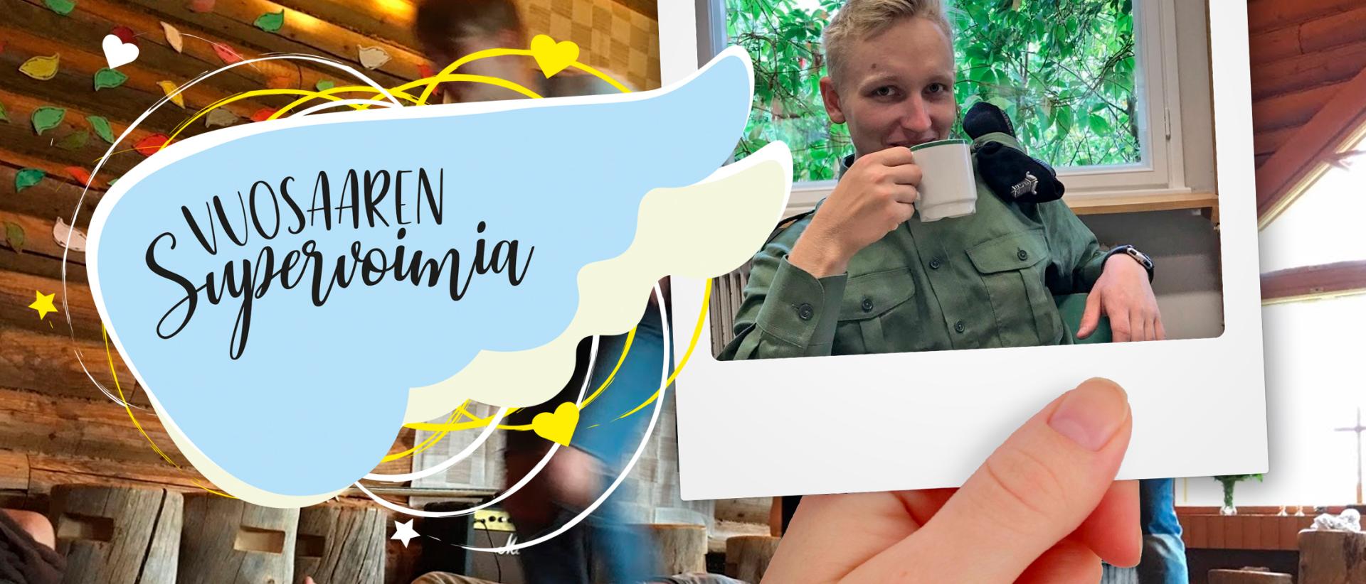 Polaroid kuvassa kitaraa soittava Joona, josta juttu kertoo. Lisäksi Vuosaaren supervoimia logo.