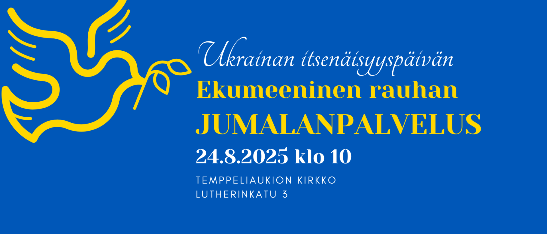 Keltainen rauhankyyhky sinisellä pohjalla tapahtuman nimen kera.