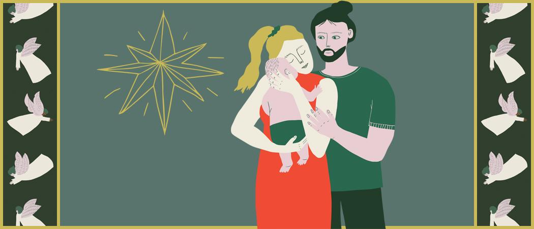 Piirretyssä kuvassa tummassa taustassa kirkas joulutähti ja etualalla pyhä perhe.