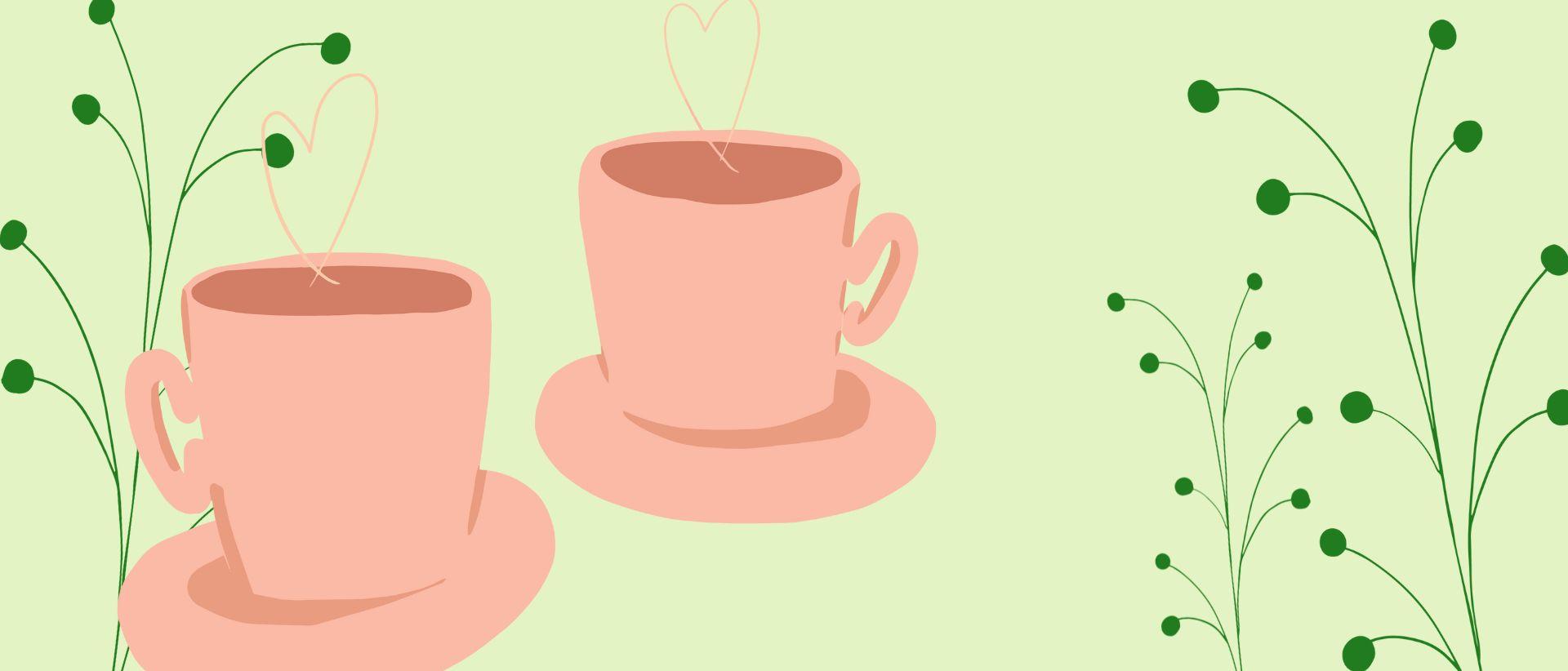 Piirroskuvia: 2 vaaleanpunaista kahvikuppia, joista höyry muodostaa sydämet, kesän tummanvihreitä kasveja, vaaleanvihreä tausta.