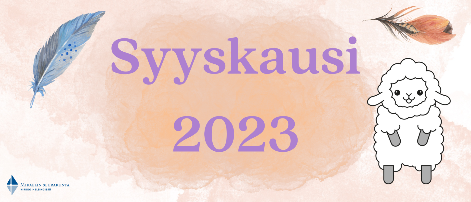 Persikan värisellä taustalla teksti Syyskausi 2023. Kuvan oikeassa laidassa Mää-lammashahmo ja kuvan yläreunoilla erivärisiä sulkia.