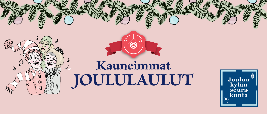 Kauneimmat joululaulut logo ja jouluaiheista kuvitusta