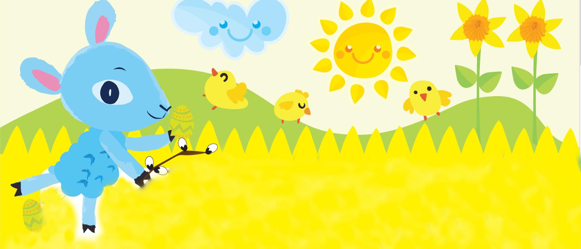 Iloinen piirroskuva jossa vaaleansininen karitsa pajunvitsa kädessä keltaisella niityllä auringonpaisteessa tipujen ja narsissien kanssa