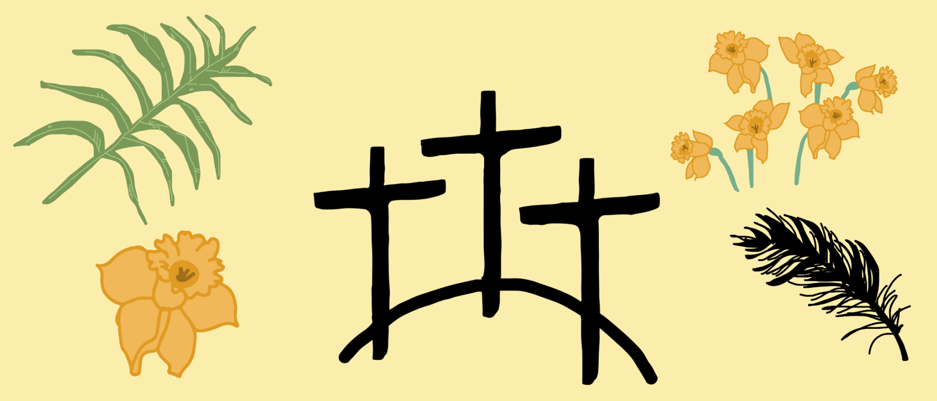 Piirroskuvissa keltaisella pohjalla kolme mustaa ristiä sekä palmunlehvä, sulka ja pääsiäisliljoja