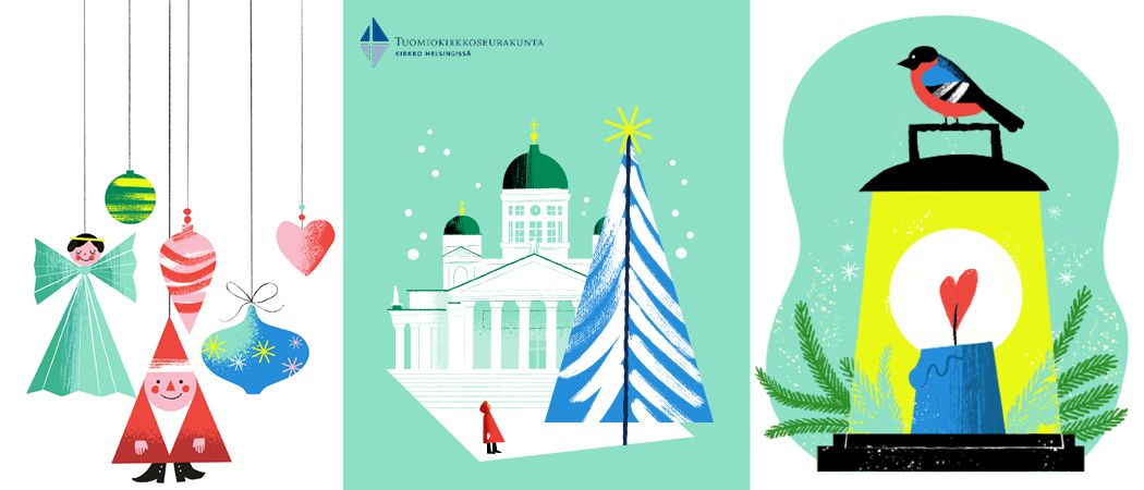 Kolme kuvaa vierekkäin, niissä erivärisiä joulukoristeita, puna-asuinen henkilö katsoo Tuomiokirkon vieressä olevaa joulukuusta ja punatulkku istuu lyhdyn päällä.