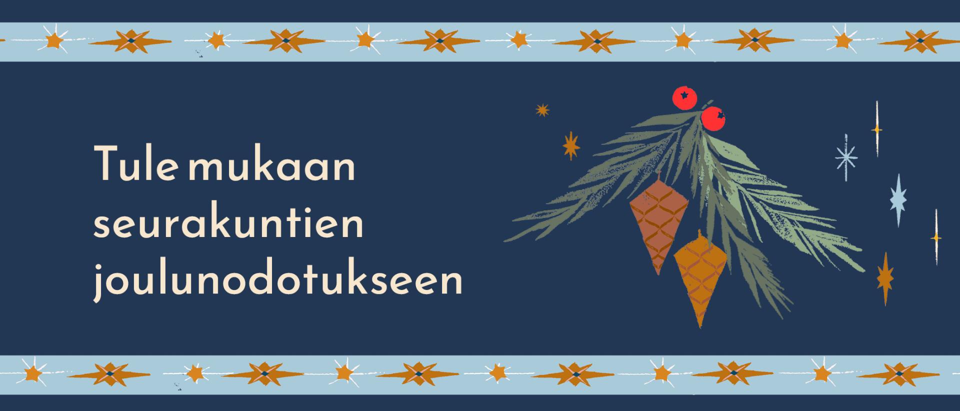 Piirretty kuva, havuja, käpyjä ja tähtiä tummansinisellä taustalla