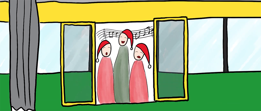 Piirroskuvassa kolme tonttulakkipäistä hahmoa laulavat ratikassa