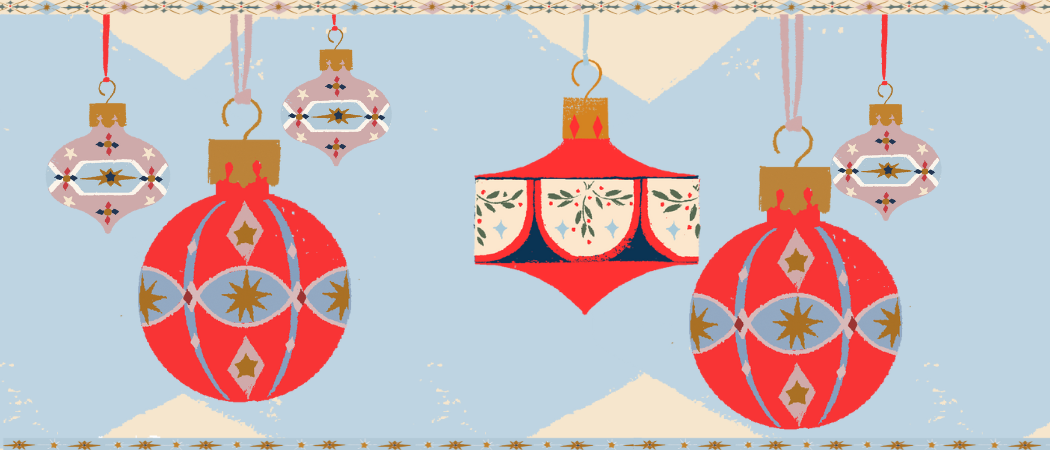 Piirrettyj&auml; roikkuvia joulukoristeita.