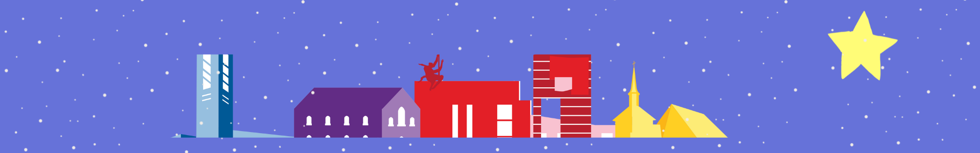 Nettisivun joulukansi: jouluilmeen sininen tausta lumisateella, edessä uuden Mikaelin kirkot graafisina kuvina, joulutähti
