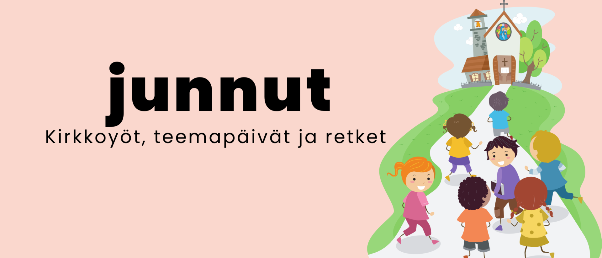 Vaalean punaisella taustalla piirrettyjä lapsia kävelemässä kohti kirkkoa.