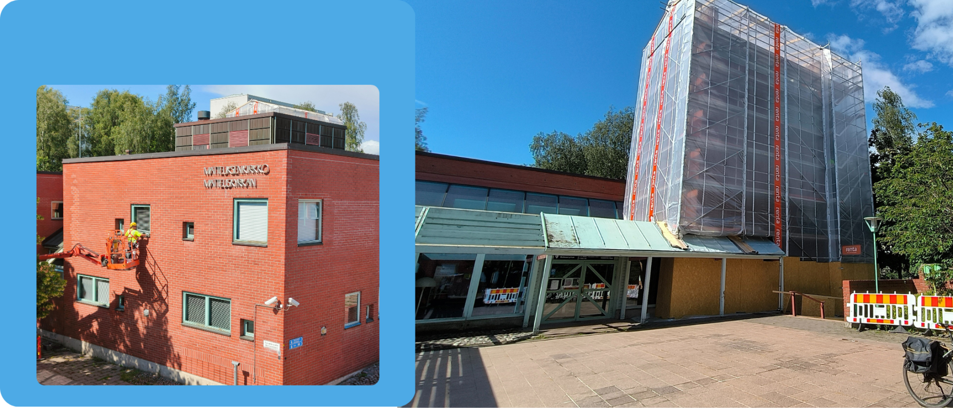 Matteuksenkirkko ulkopuolelta. Remonttimies nosturissa ja toisessa kuvassa huputettu torni. Sininen taivas.