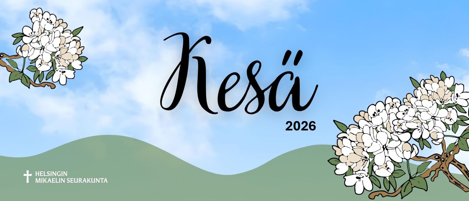 Kesäinen piirretty kuvä, jos teksti Kes'ä 2026, ja seurakunnan logo