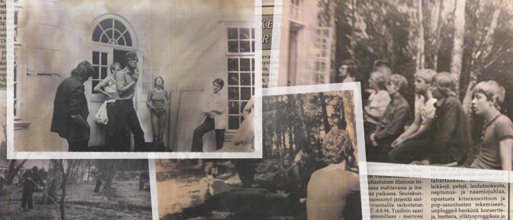 Kivisaaren vanhoja mustavalkoisia valokuvia sekaisin kansion päällä. Kuvat ovat noin 70-luvulta.